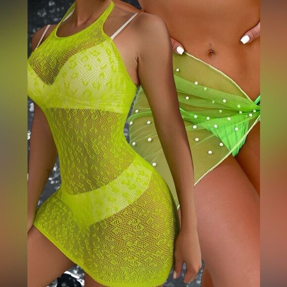 2-piece l Neon Green l OS l Mesh Halter & Pearly Sarong/Wrap l New - Picture 2 of 11